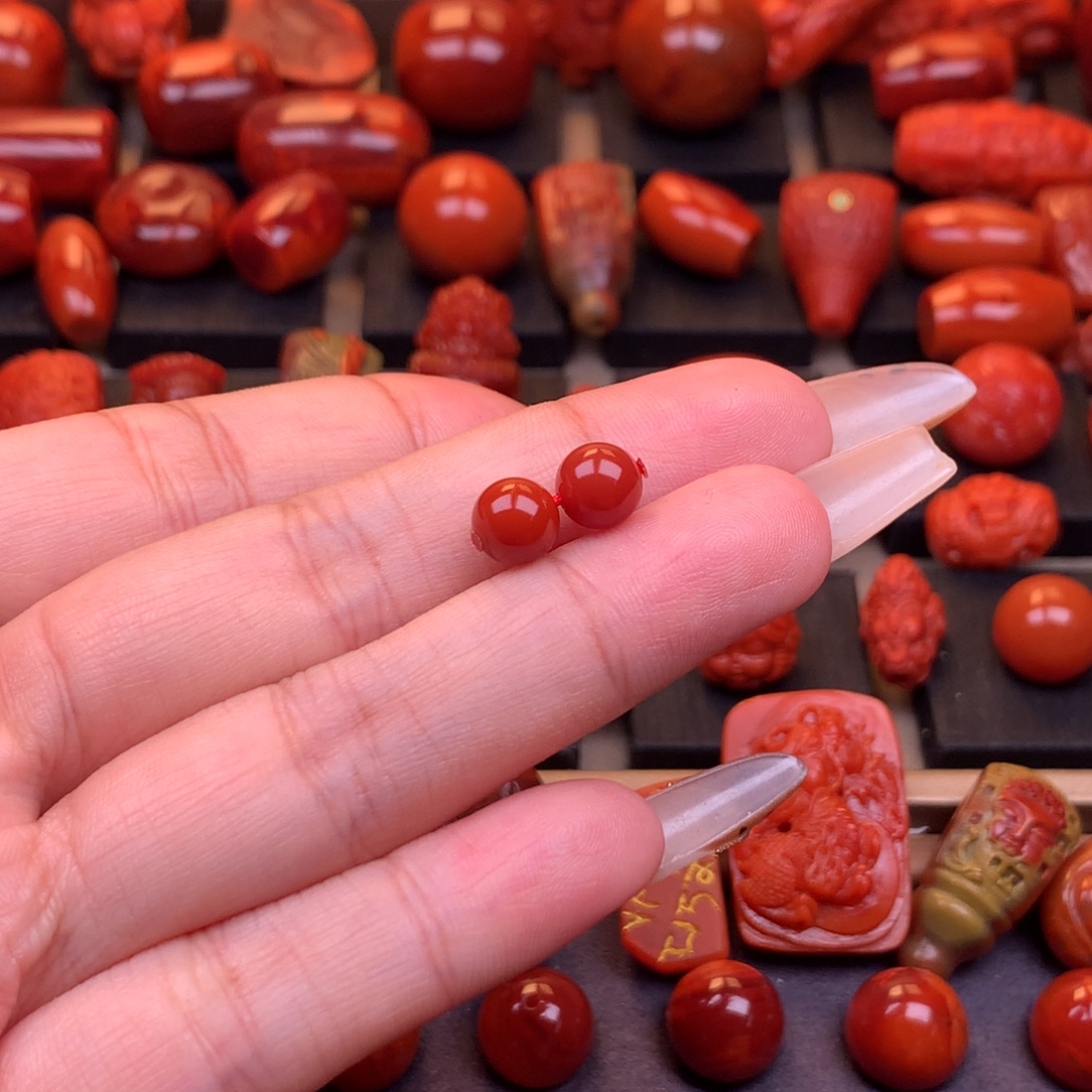 南红玛瑙未镶嵌原矿锦红圆珠对珠7mm