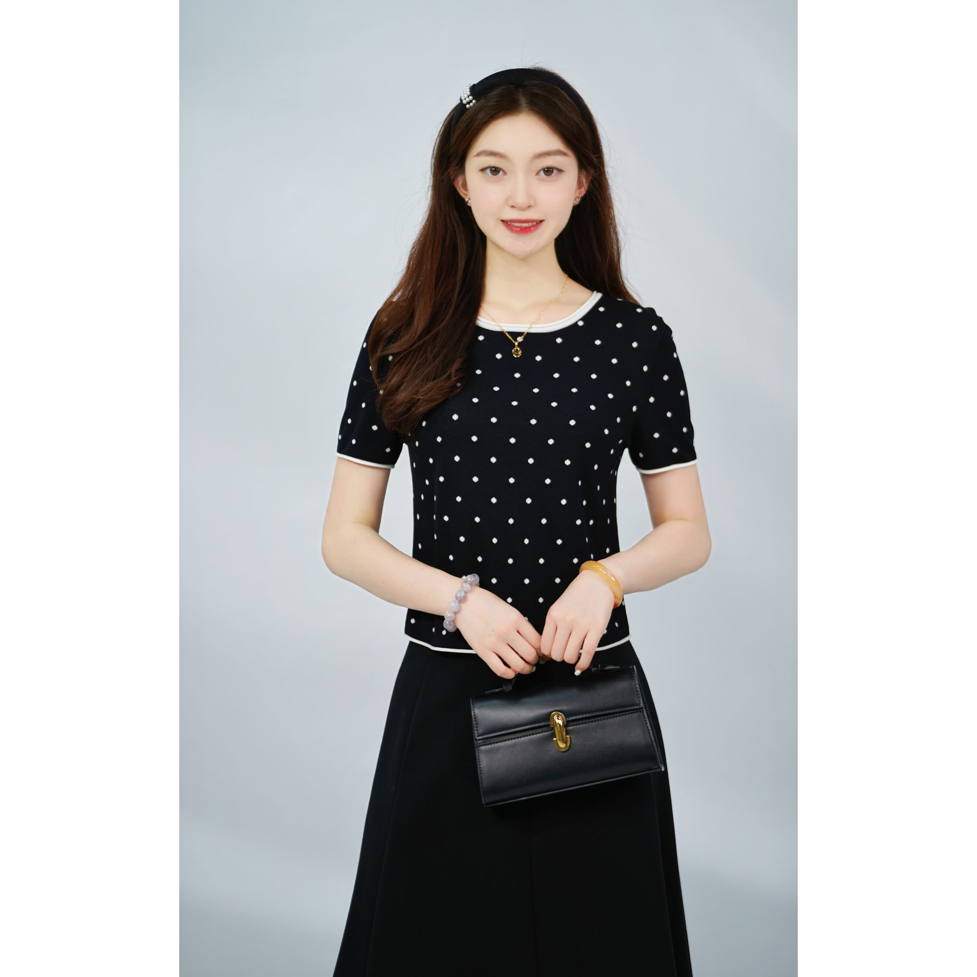 GIRDEAR/哥弟夏季波点深色正肩圆领修身女士宽松短袖t恤1399645