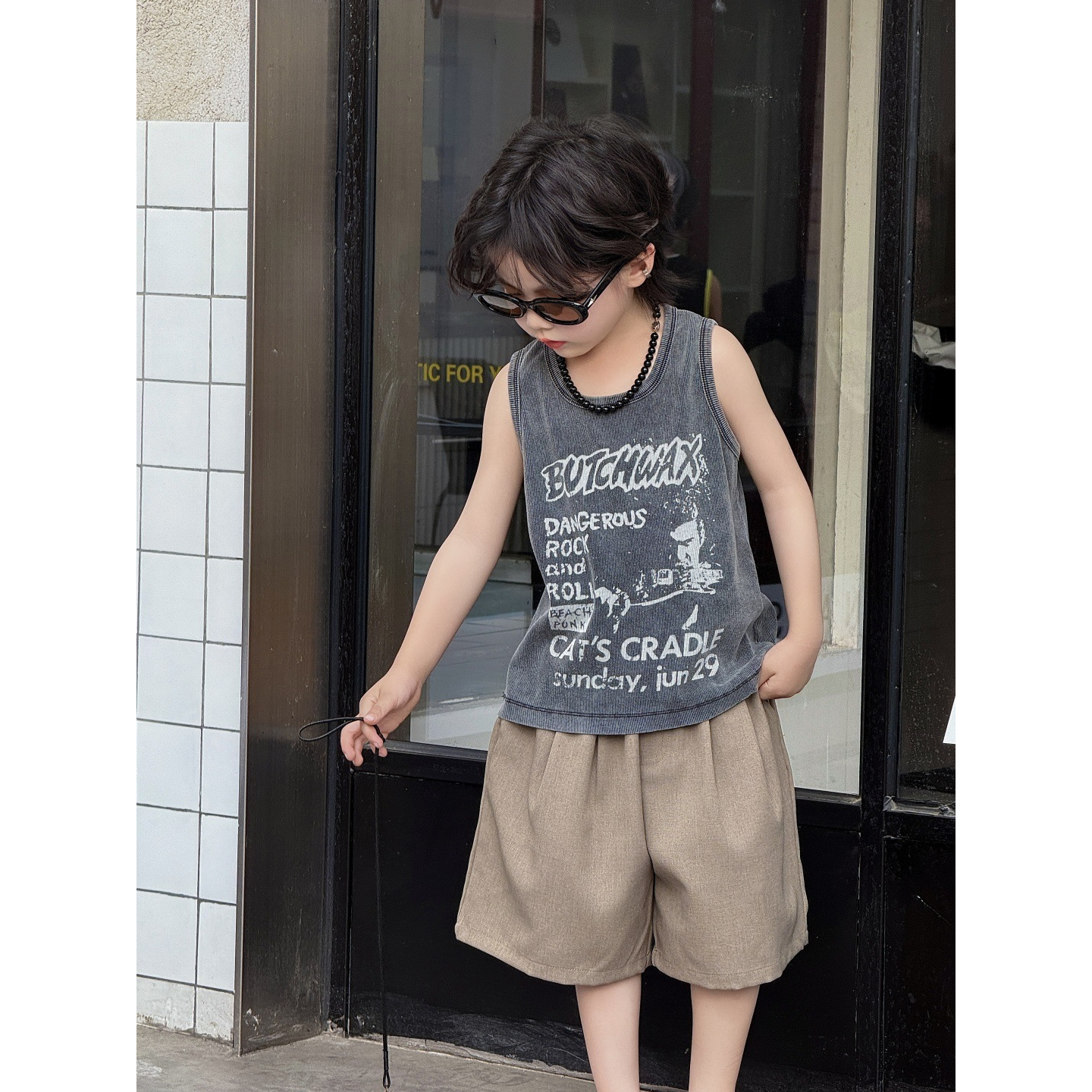 儿童背心夏季无袖上衣T恤夏天男童帅气印花炒色背心做旧复古美式