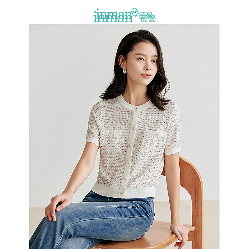 【商场同款】茵曼通勤小香风针织衫2024夏季女装新款法式圆领开衫