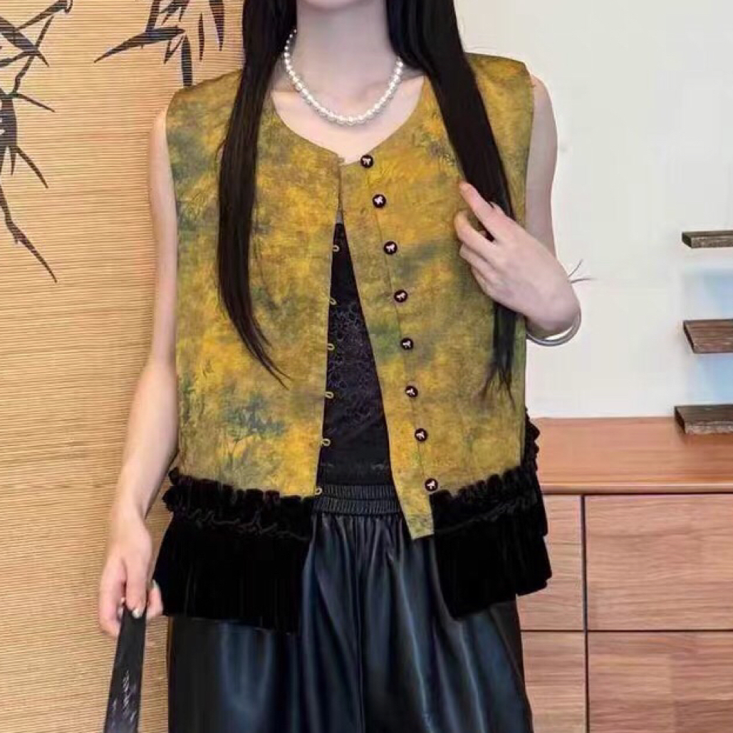 欧洲站2025年秋季新款下摆拼接丝绒荷叶边显瘦无袖高级感马夹女装