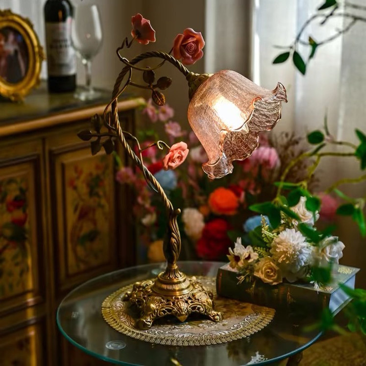 Vintage法式复古台灯 中古黄铜田园风玫瑰氛围感客厅卧室床头台灯