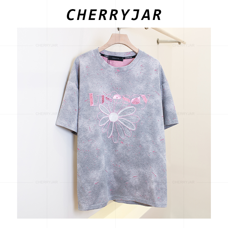 Cherryjar【25682】宽松棉质扎染刺绣雏菊印花潮流个性短袖T恤