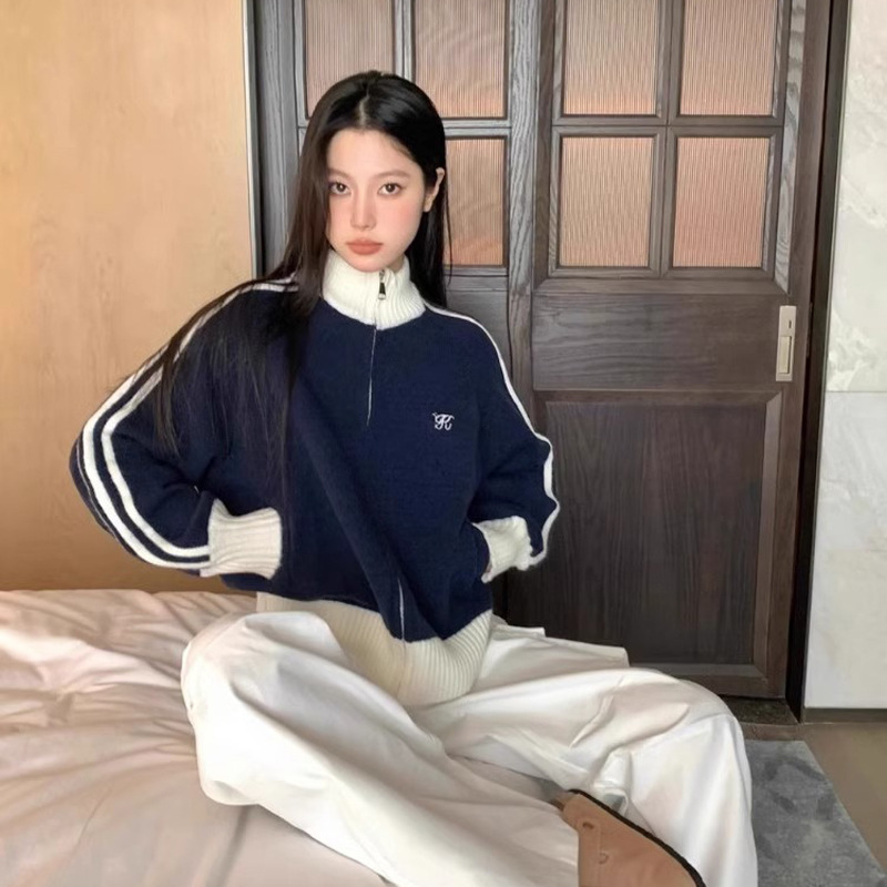 美式撞色长袖立领毛衣外套女2025秋冬新款宽松棒球服开衫拉链上衣