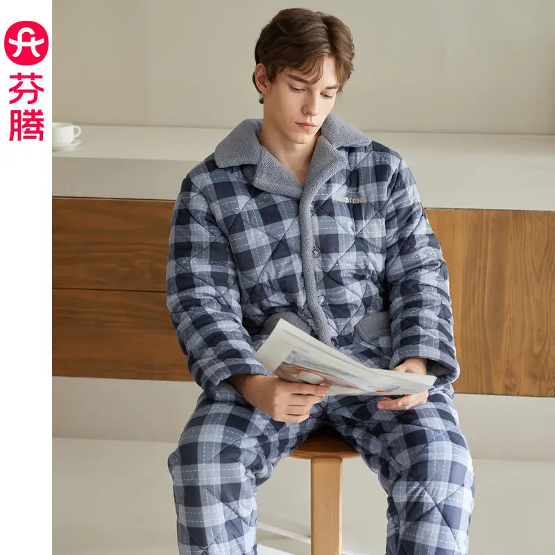 芬腾男士睡衣冬季三层加厚夹棉套装珊瑚绒男加绒保暖加大码家居服