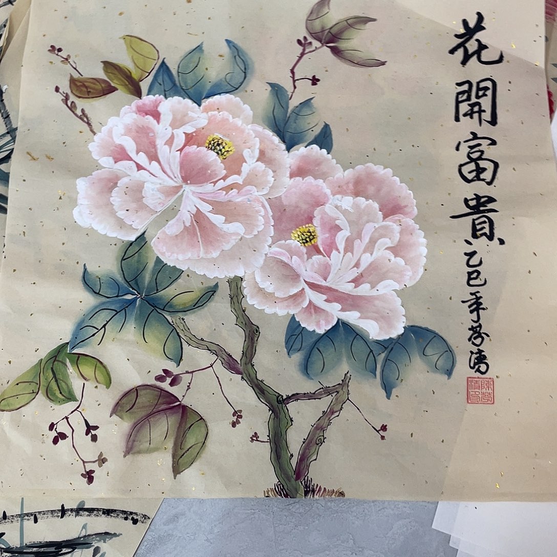 国画国画作品书法作品原稿斗方水晶牡丹