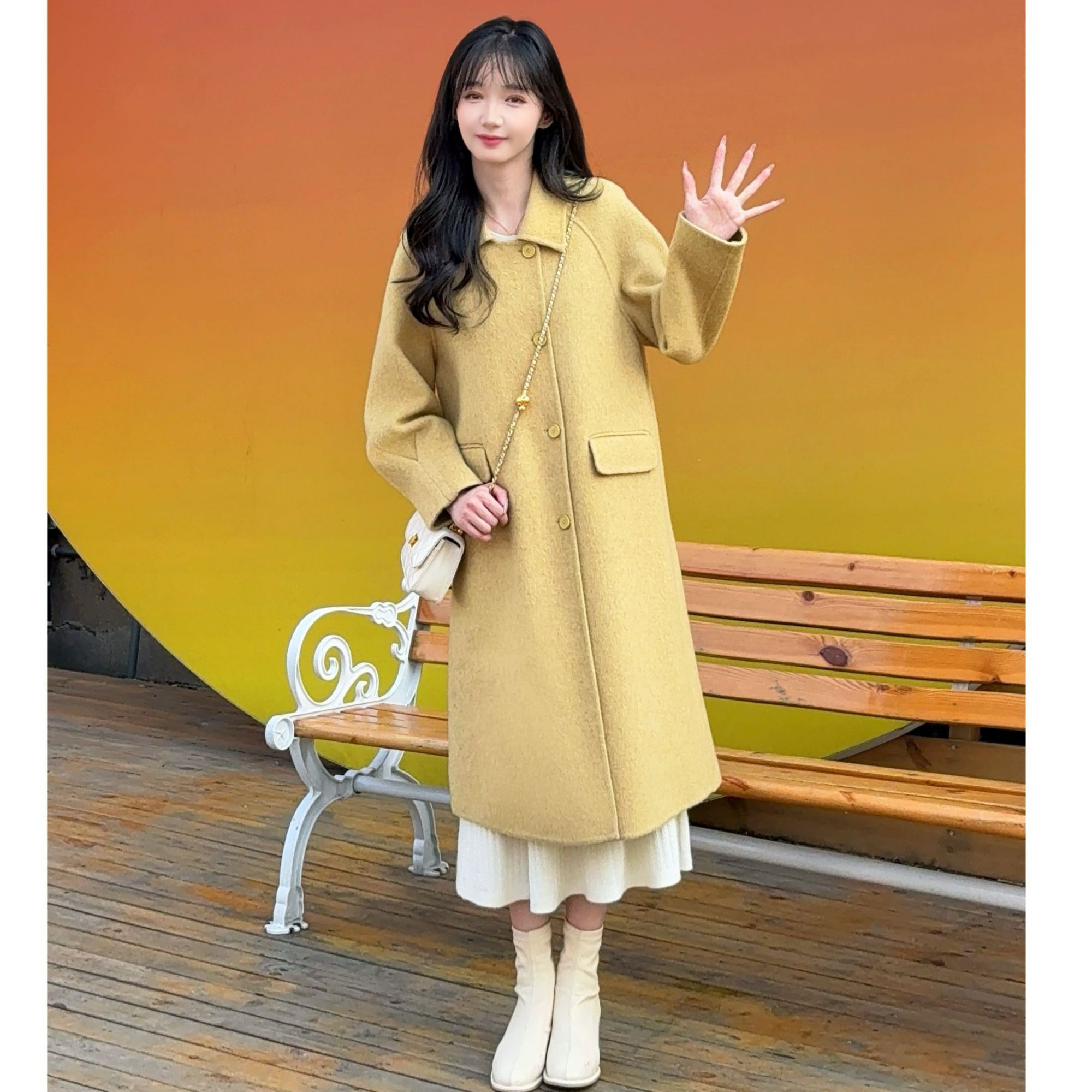 HSTYLE/韩都衣舍新款气质单排扣羊毛大衣高级感通勤中长外套25908