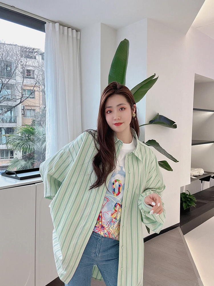 商场同款{专柜}2025新款显瘦条纹宽松衬衣翻领单排扣衬衫5300811