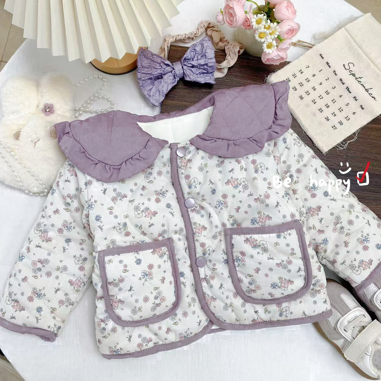 【芋泥啵啵】冬款加厚款紫领双兜碎花极简风女宝外套棉袄ZY-J-D28