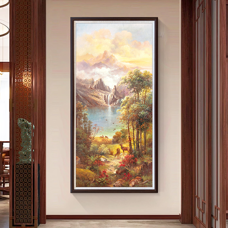 手绘油聚宝盆风景油画中式福鹿招财玄关挂画山水画轻奢北欧装饰画