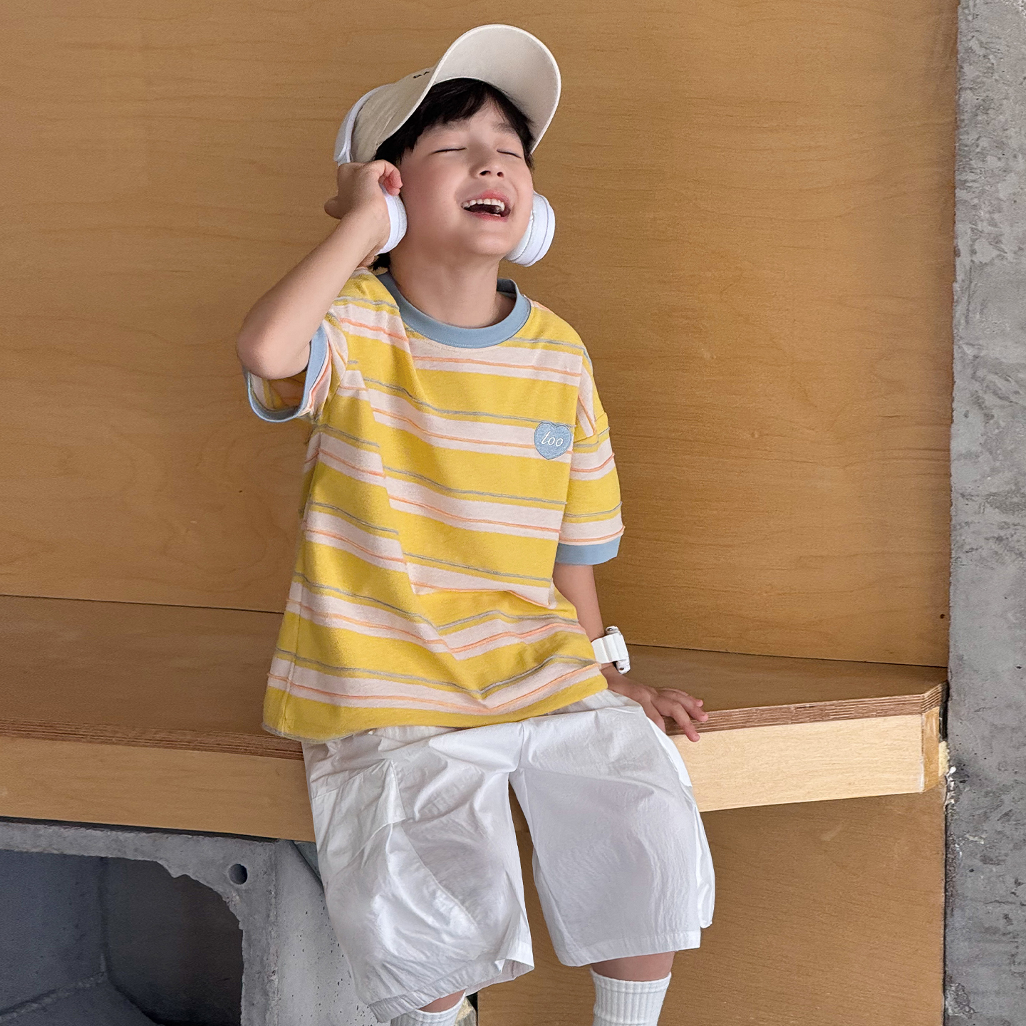 【现】AX5144棉小班儿童休闲夏季条纹宽松洋气韩版运动爱心条紋T