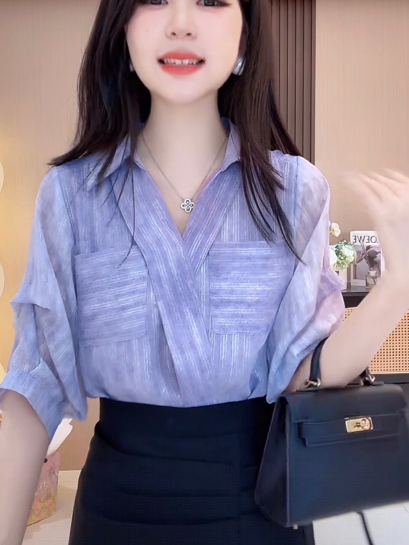 【589】夏季新款简约优雅宽松袋小衫显瘦遮肉款高级气质洋气衬衫