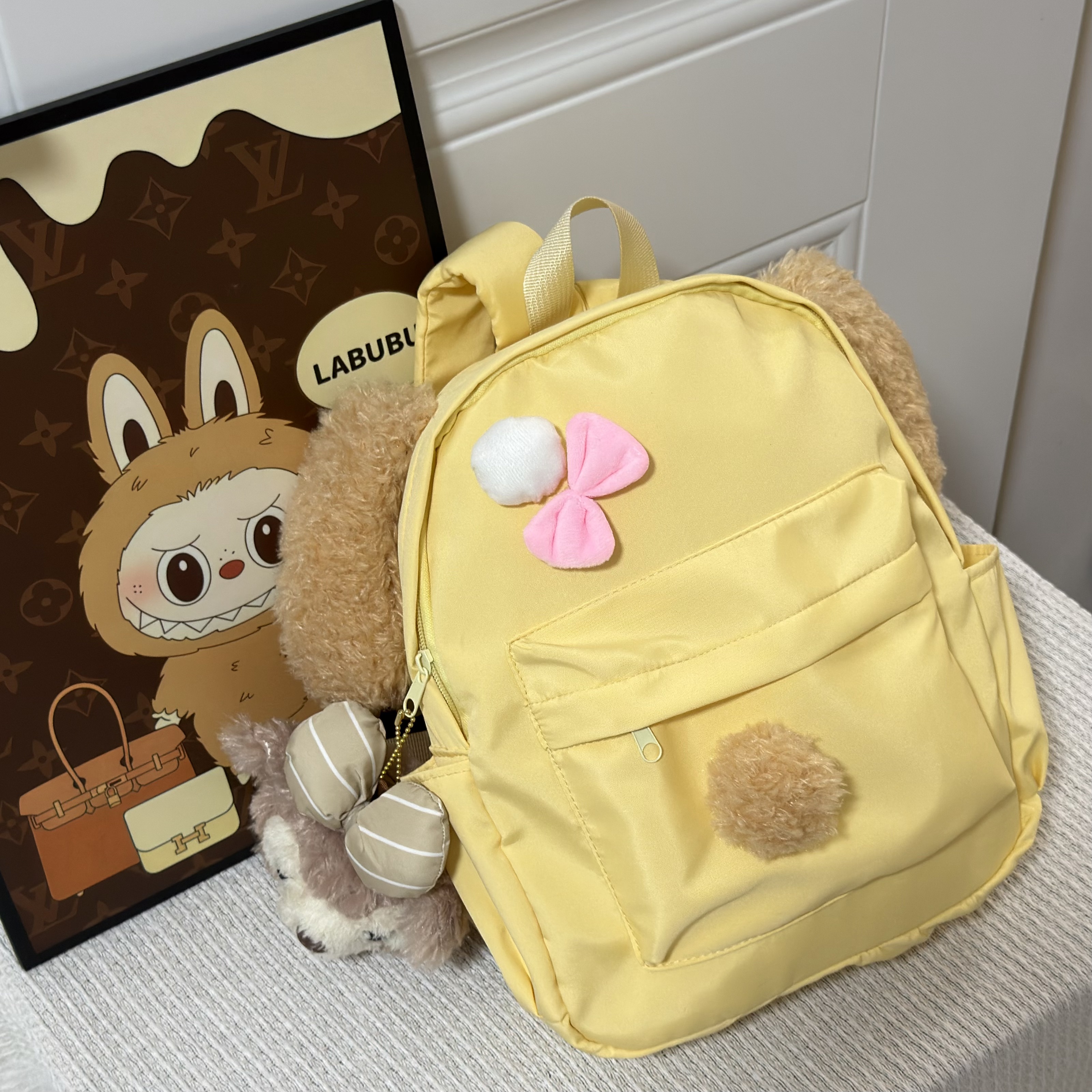 可爱温柔黄色帆布大容量双肩