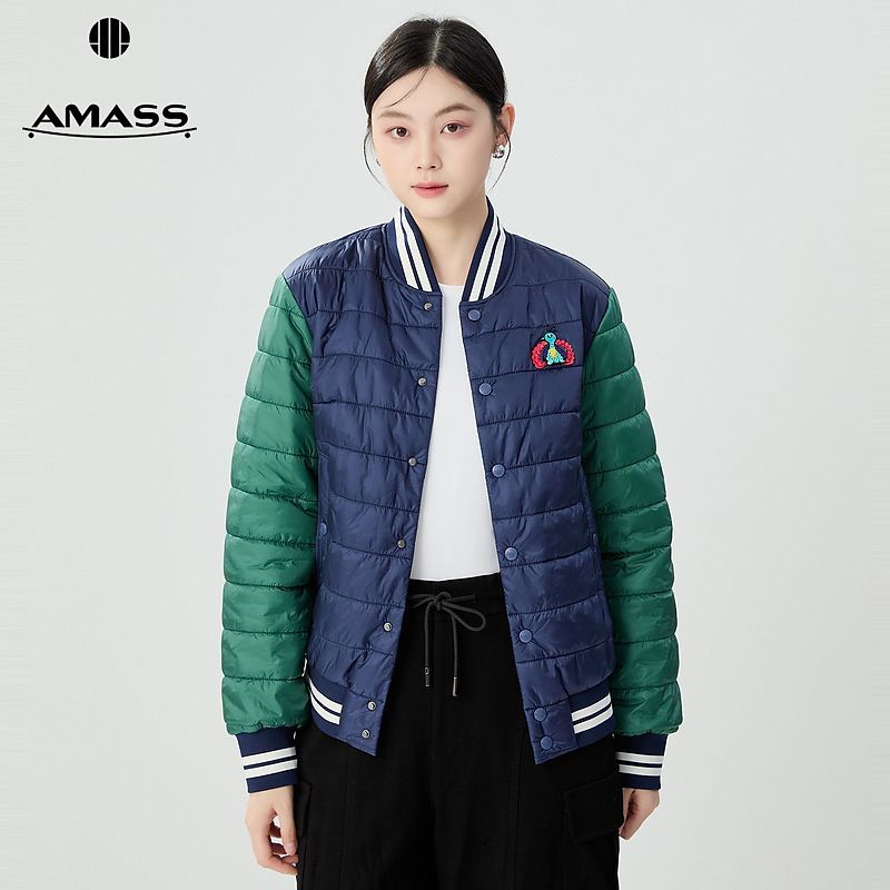 阿玛施AMASS秋冬新款绗缝撞色宽松休闲棒球服式棉服外套女5400895