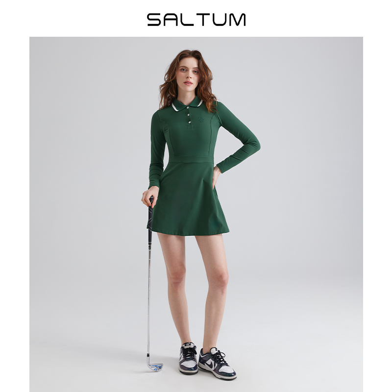 网球服女长袖polo领网球连衣裙撞色带口袋防走光高尔夫套装运动裙