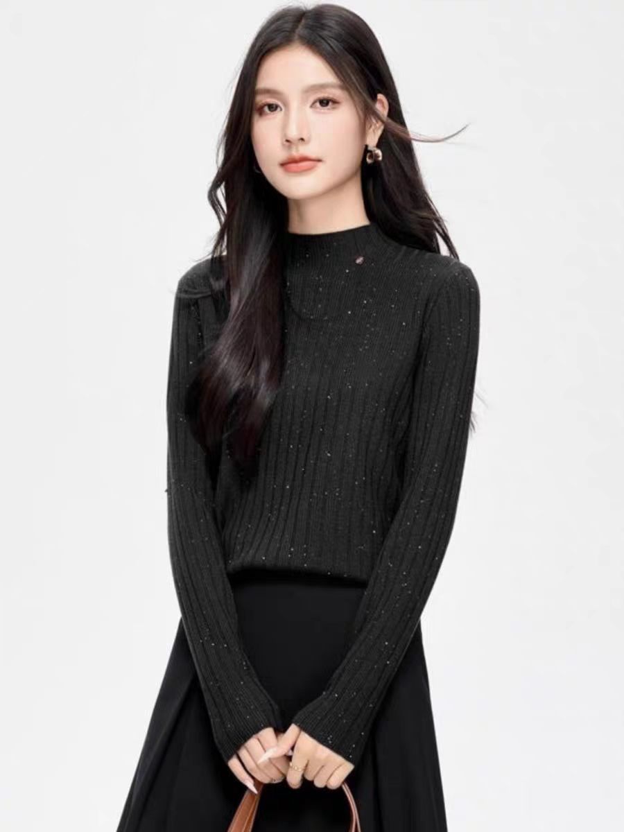 752亮片半高领毛衣女打底衫秋冬新款套头外穿针织衫内搭洋气上衣