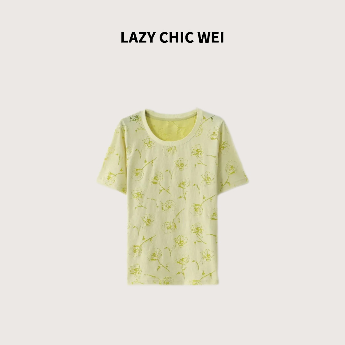 LAZY CHIC WEI 棉混纺玫瑰雕花工艺弹力正肩短袖 25SSW1167