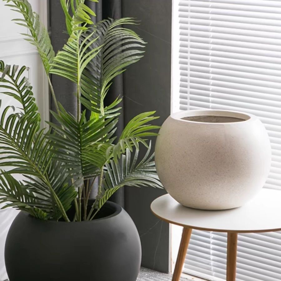 北欧镁泥落地大花盆简约圆球型软装特大花器客厅民宿商场别墅摆件