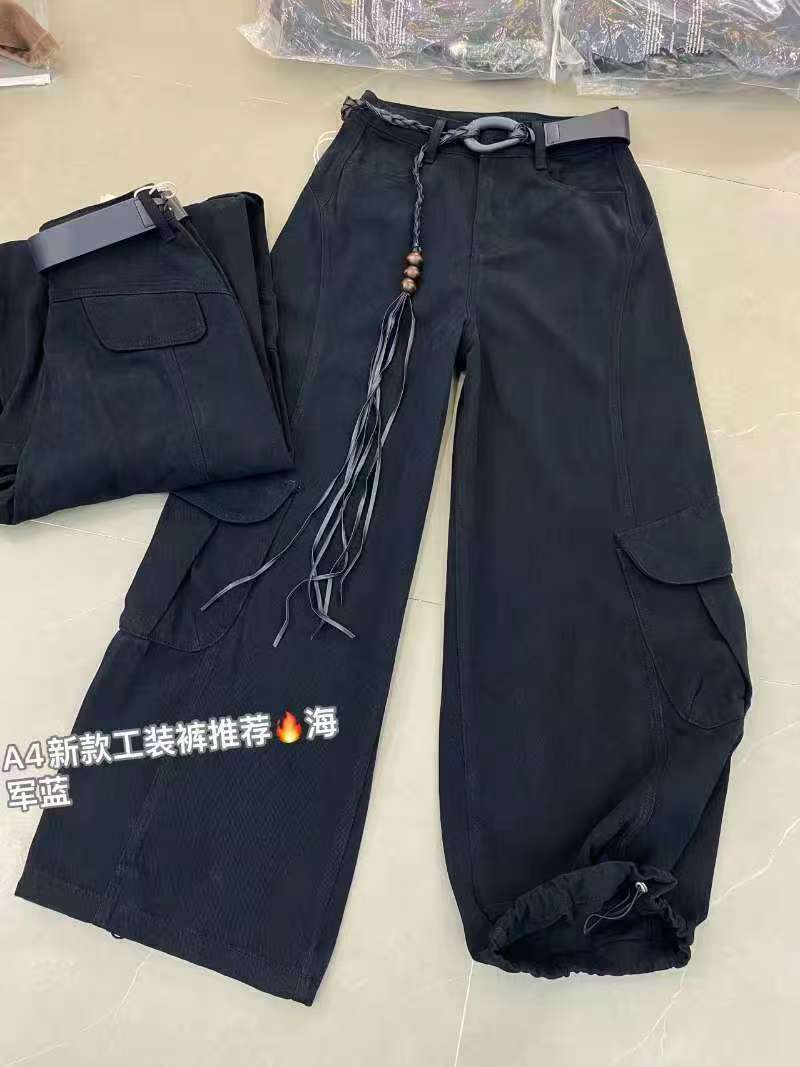 秋季早秋阔腿直筒工装裤腰带牛仔裤休闲裤黑色高腰