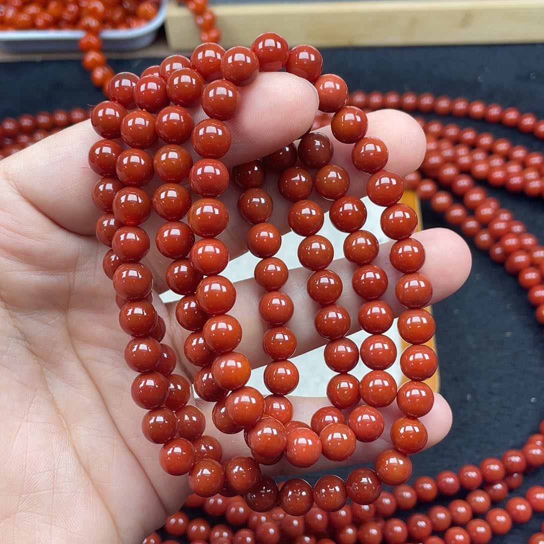 未镶嵌2号瓦西牛血红卡8圆珠108南红玛瑙