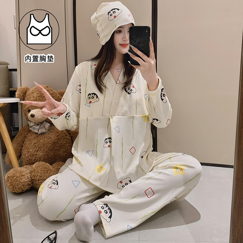 【带帽子纯棉-胸垫款】月子服春秋喂奶衣长袖家居服孕妇哺乳衣套装