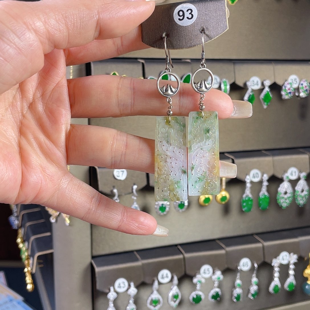 懒***竹翡翠银S925镶嵌耳饰缅甸A货