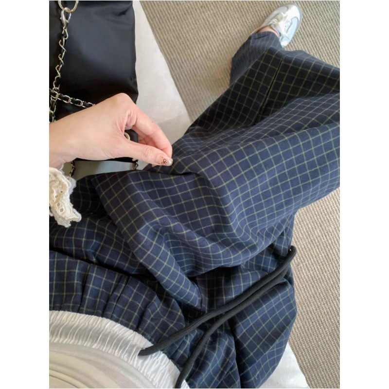 美式蓝色格子休闲裤女夏秋2025新款薄款宽松直筒高腰阔腿裤裤子潮