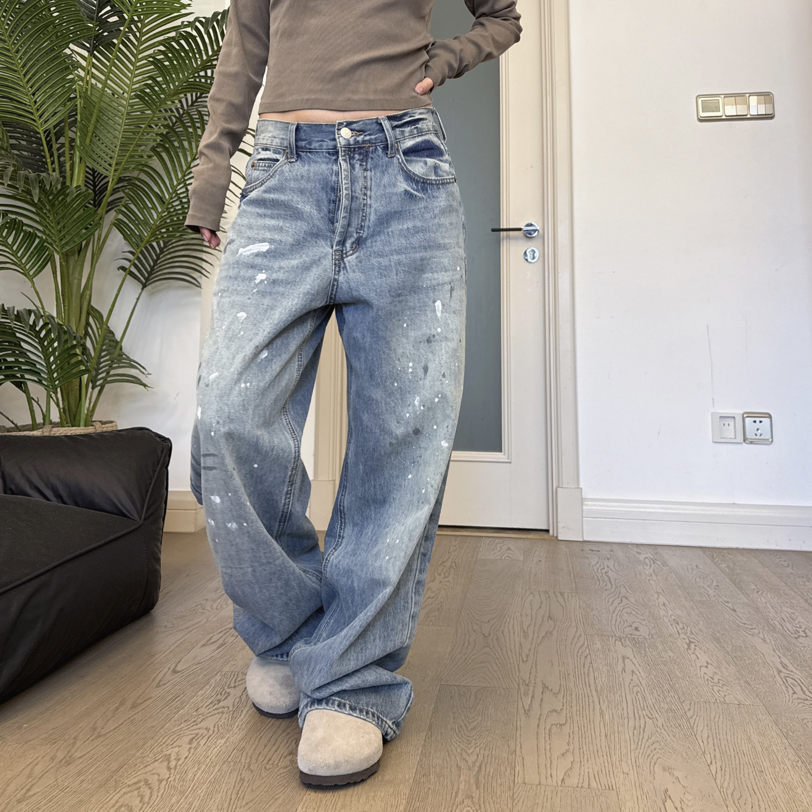 男女款欧美街拍泼墨潮牌宽松baggy牛仔裤直筒冰蓝阔腿长裤子K1001