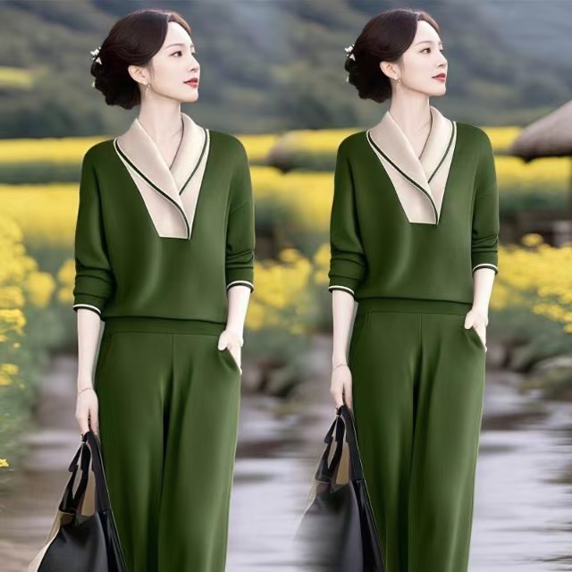 轻职风时尚新款撞色拼接两件套洋气减龄休闲风气质春秋绿色裤套装