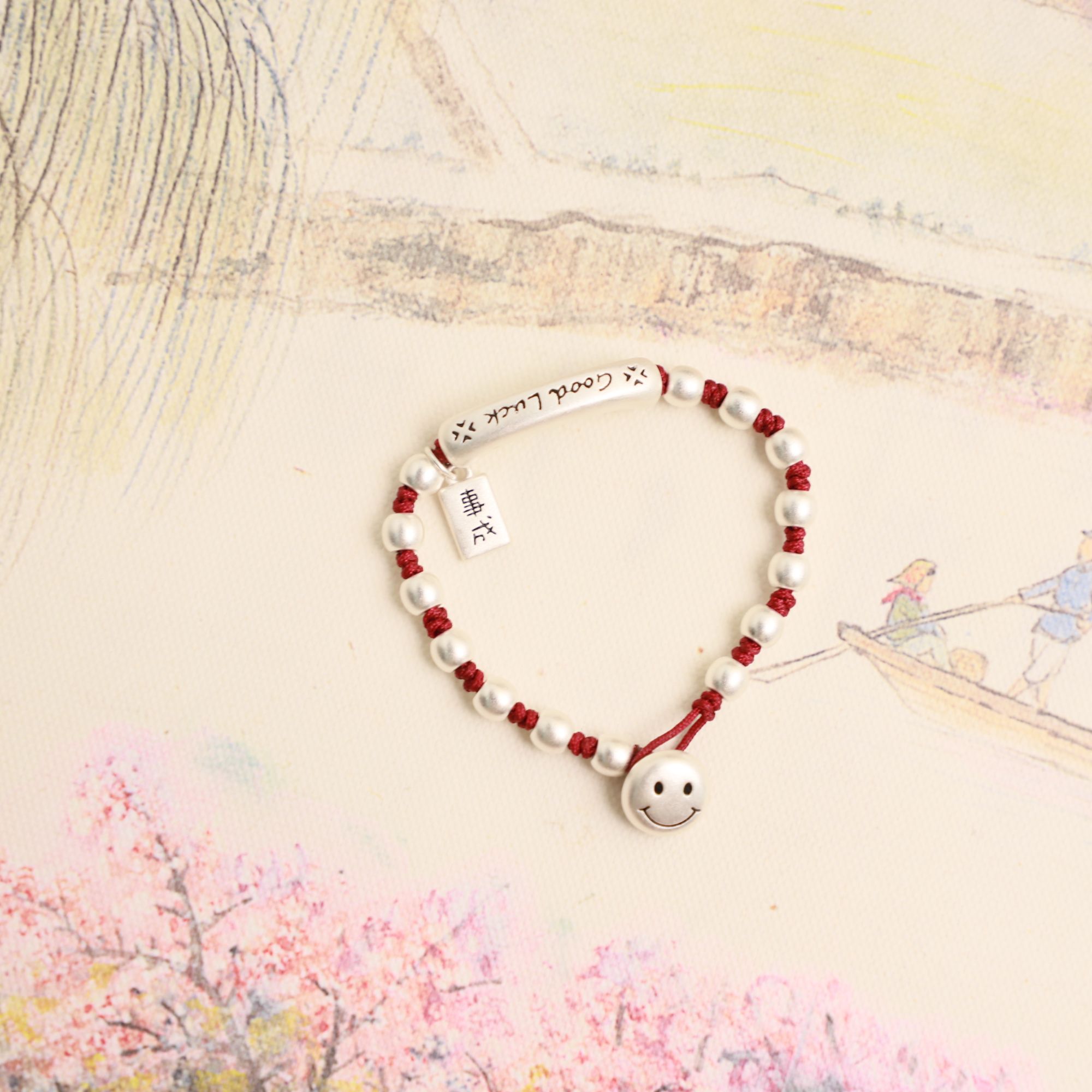 足银手链 足银good luck好运连连  心想事成手链编织简约情侣笑脸