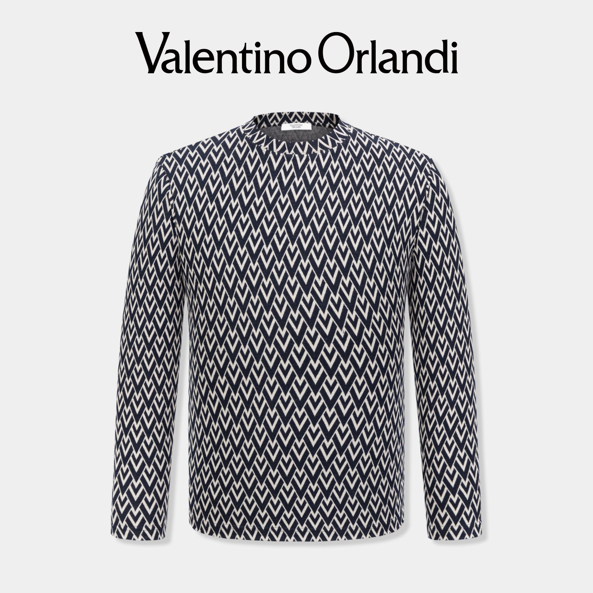 Valentino orlandi男士秋冬A版时尚百搭满印老花针织圆领长袖T恤