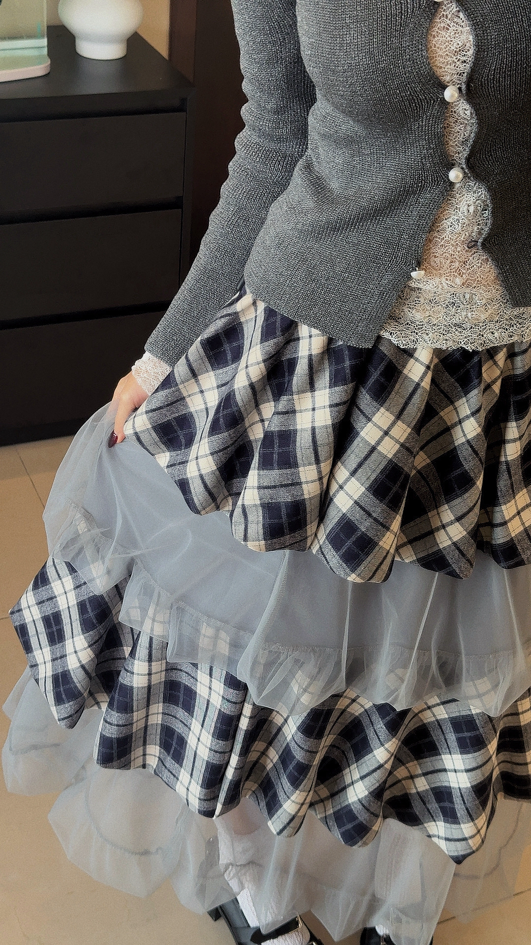 【半身裙】多层花苞格纹网纱拼接半身裙女设计感松紧腰中长款蓬蓬裙