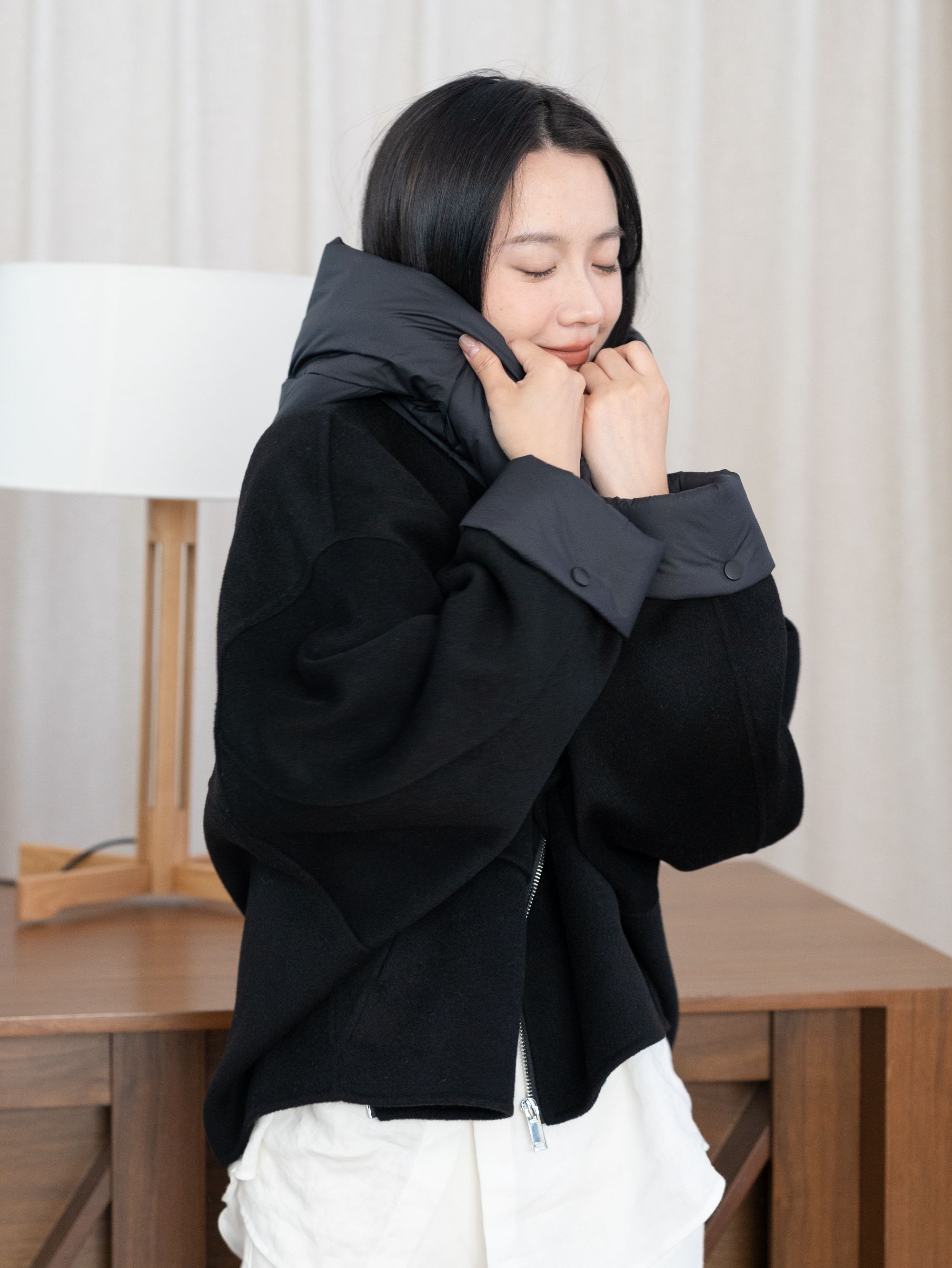 BDN【羽绒拼接】25秋冬直筒型连帽可拆卸拼接短羊毛大衣韩版宽松