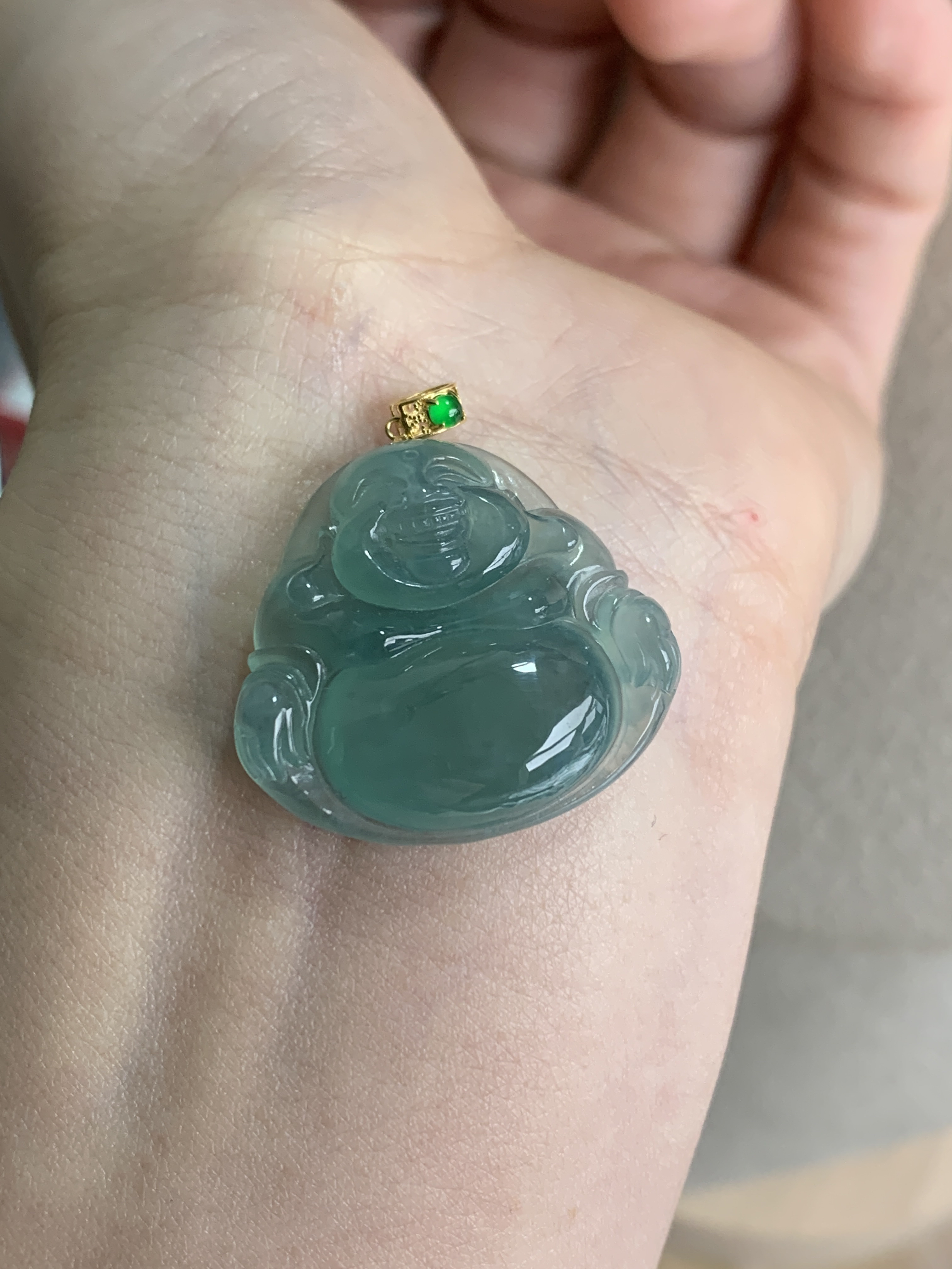 33天然缅甸翡翠A货冰种老蓝水佛公吊坠尺寸23.6^25.7*6.3冰透精美