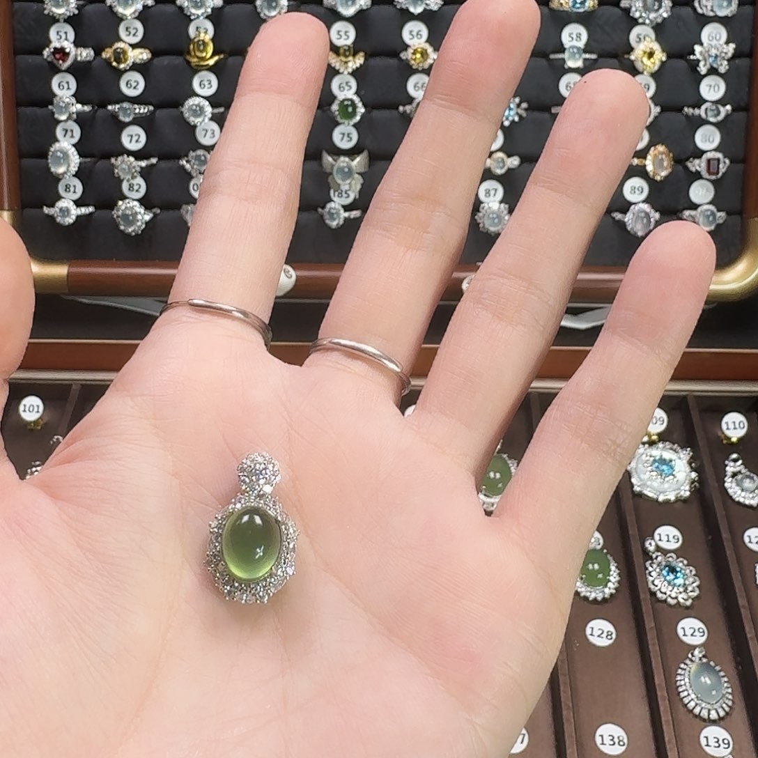 蛇纹石玉戒指银S925镶嵌凍*