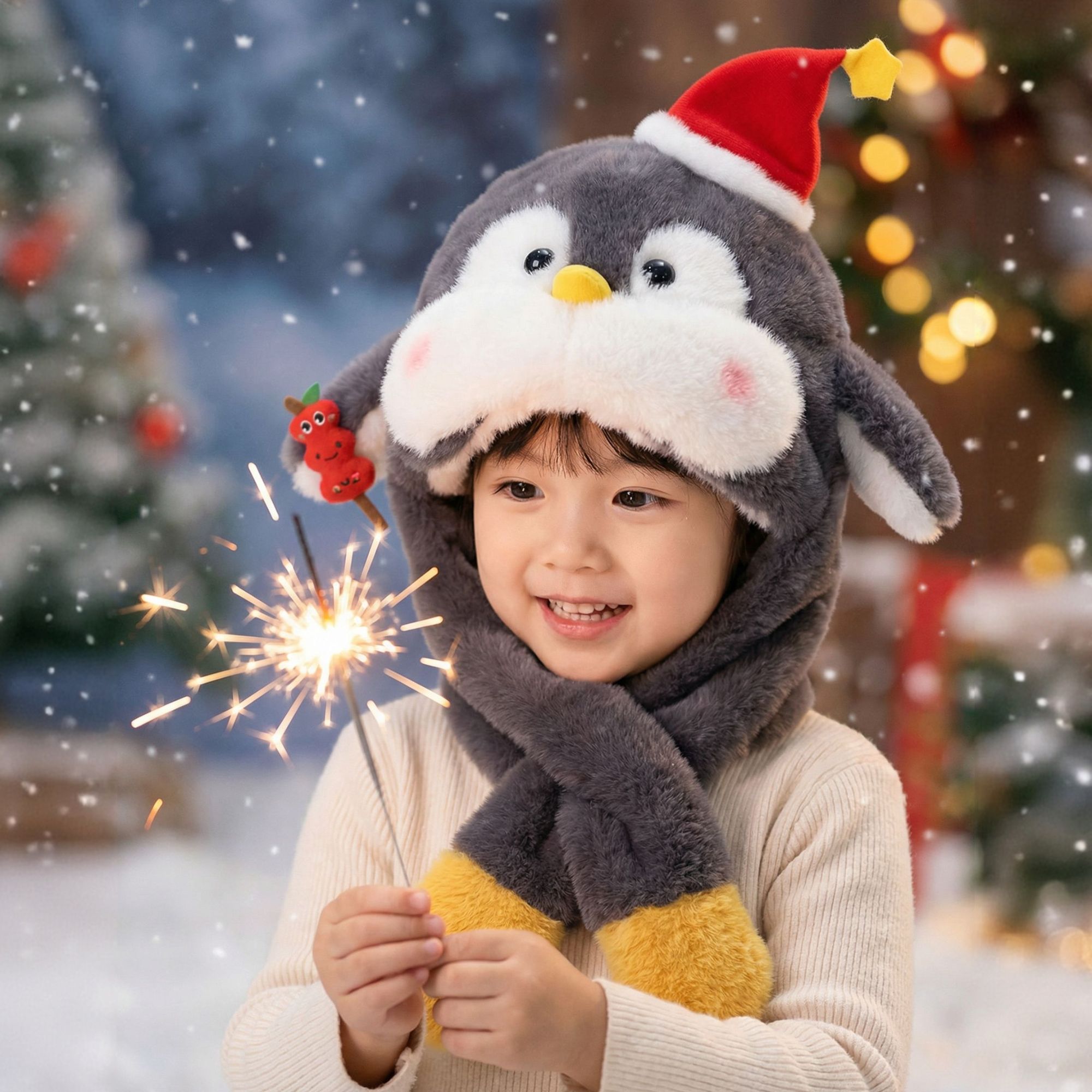 泰迪天使正品儿童毛绒企鹅帽子连围巾会动会叫冬季保暖防寒亲子帽