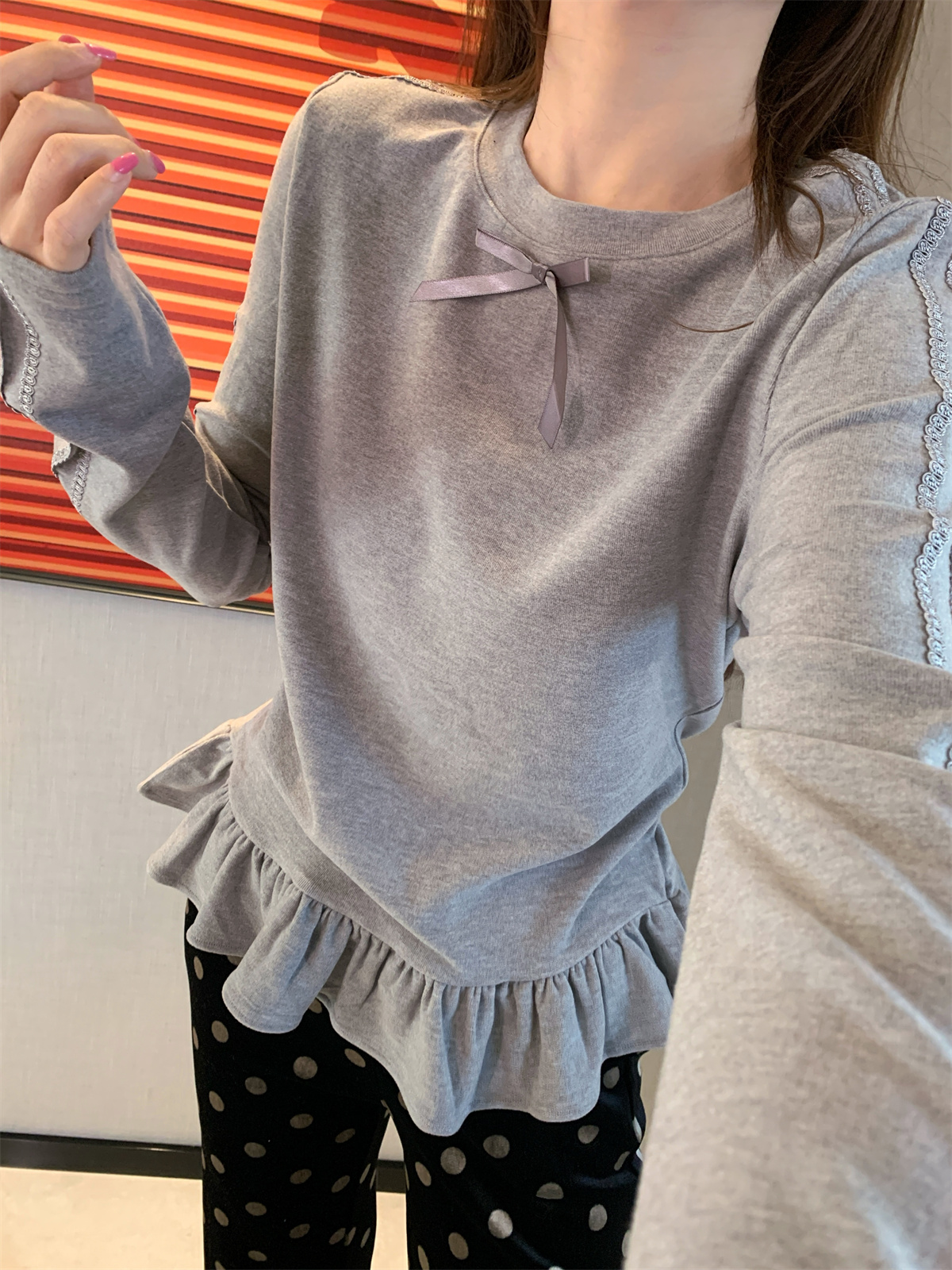 JENNIFER JXLIU韩版冬季～超显瘦灰色木耳边下摆厚打底衫上衣T恤女