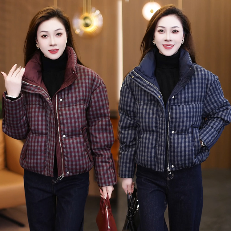 格子棉衣女装时尚宽松冬季加厚保暖拼接洋气百搭休闲短款立领棉服
