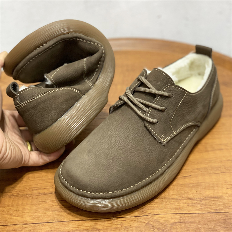 宽头男士牛皮防水磨砂皮皮鞋加绒保暖软皮复古真皮宽脚大头休闲鞋