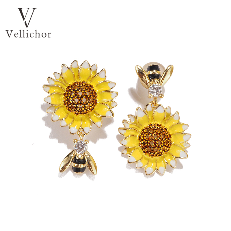 铜合金耳饰 【原创】灵动蜜蜂向日葵耳环女中式轻奢耳钉耳饰