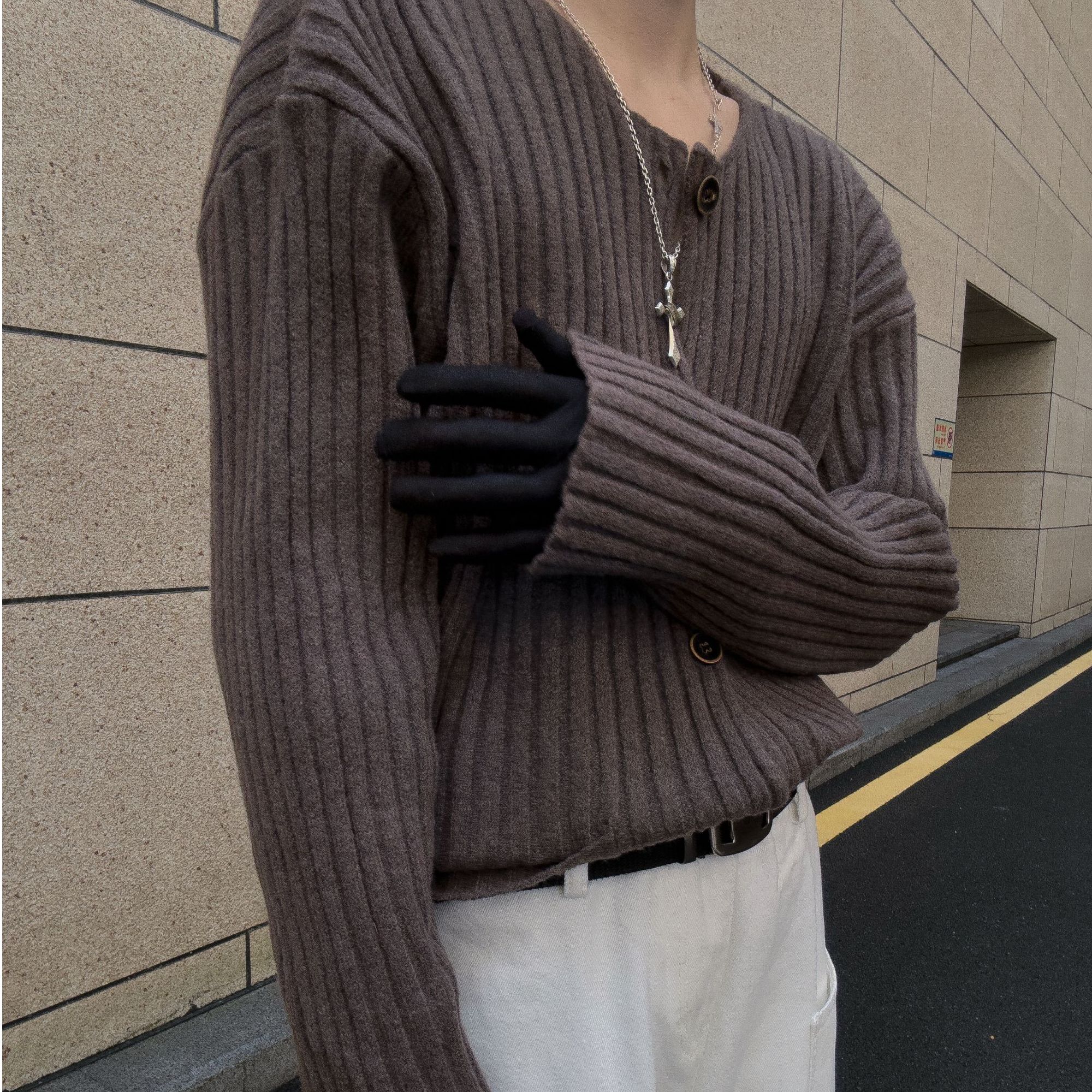 11LEVEN无领设计毛衣纯色高级敢慵懒宽松针织衫粗坑条百搭