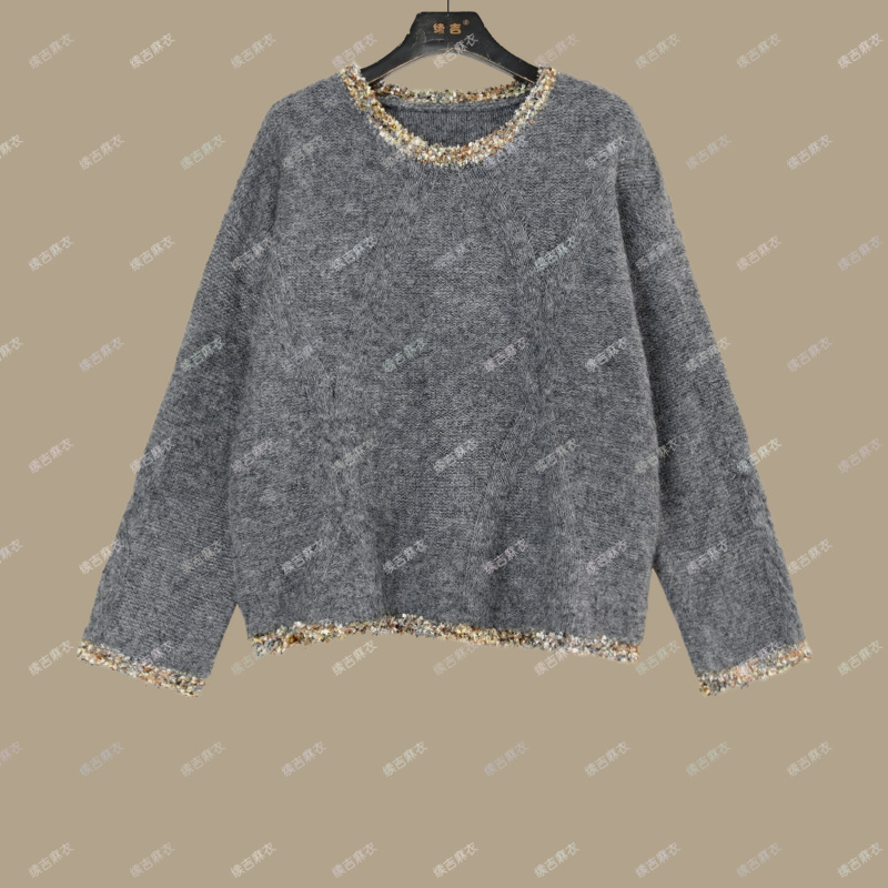 原创设计24-2158休闲25年春款百搭宽松圆领套头拼接针织毛衣