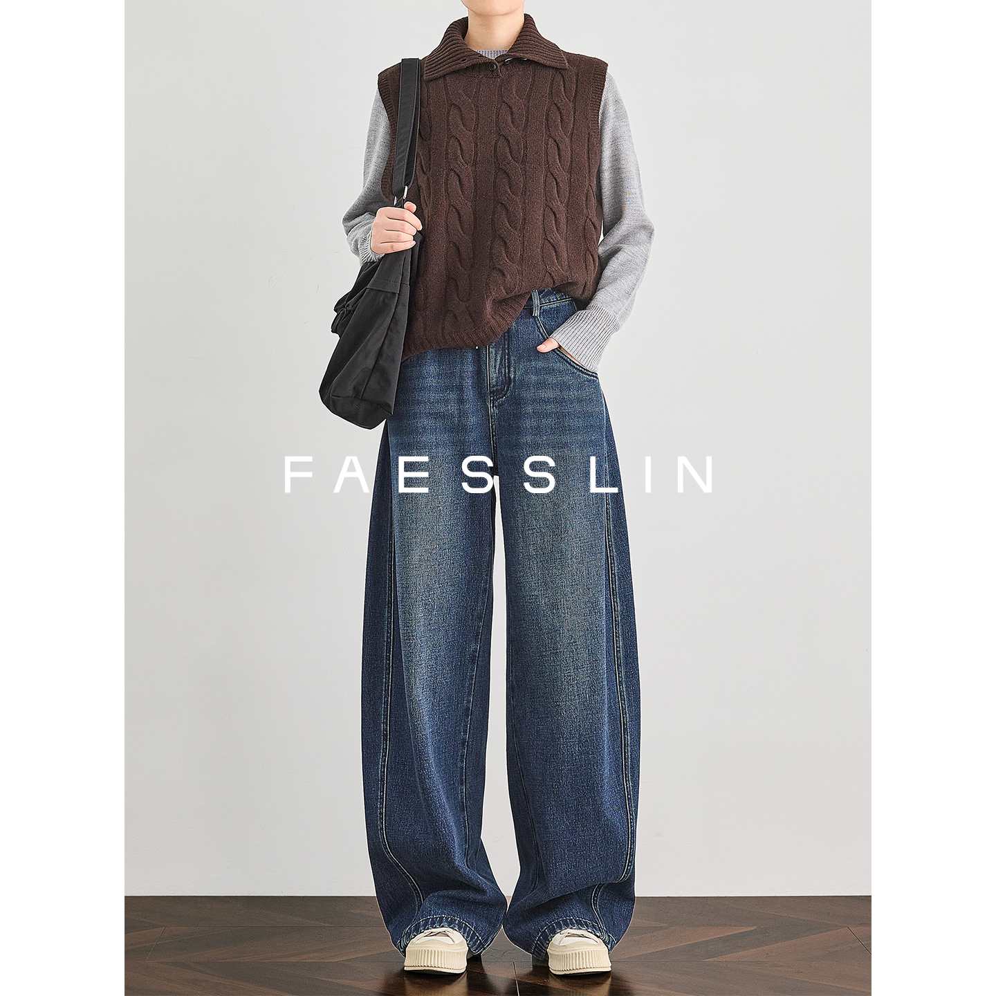 FAESSLIN【高定廓形】加绒加厚镰刀牛仔裤女高腰宽松阔腿裤 | 1017