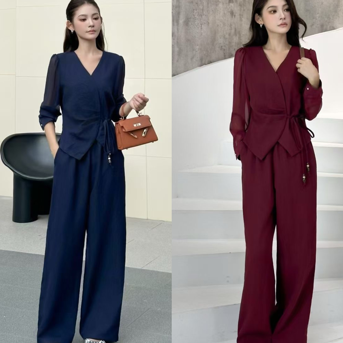 早秋时尚休闲高腰阔腿裤与衬衫搭配套装8535