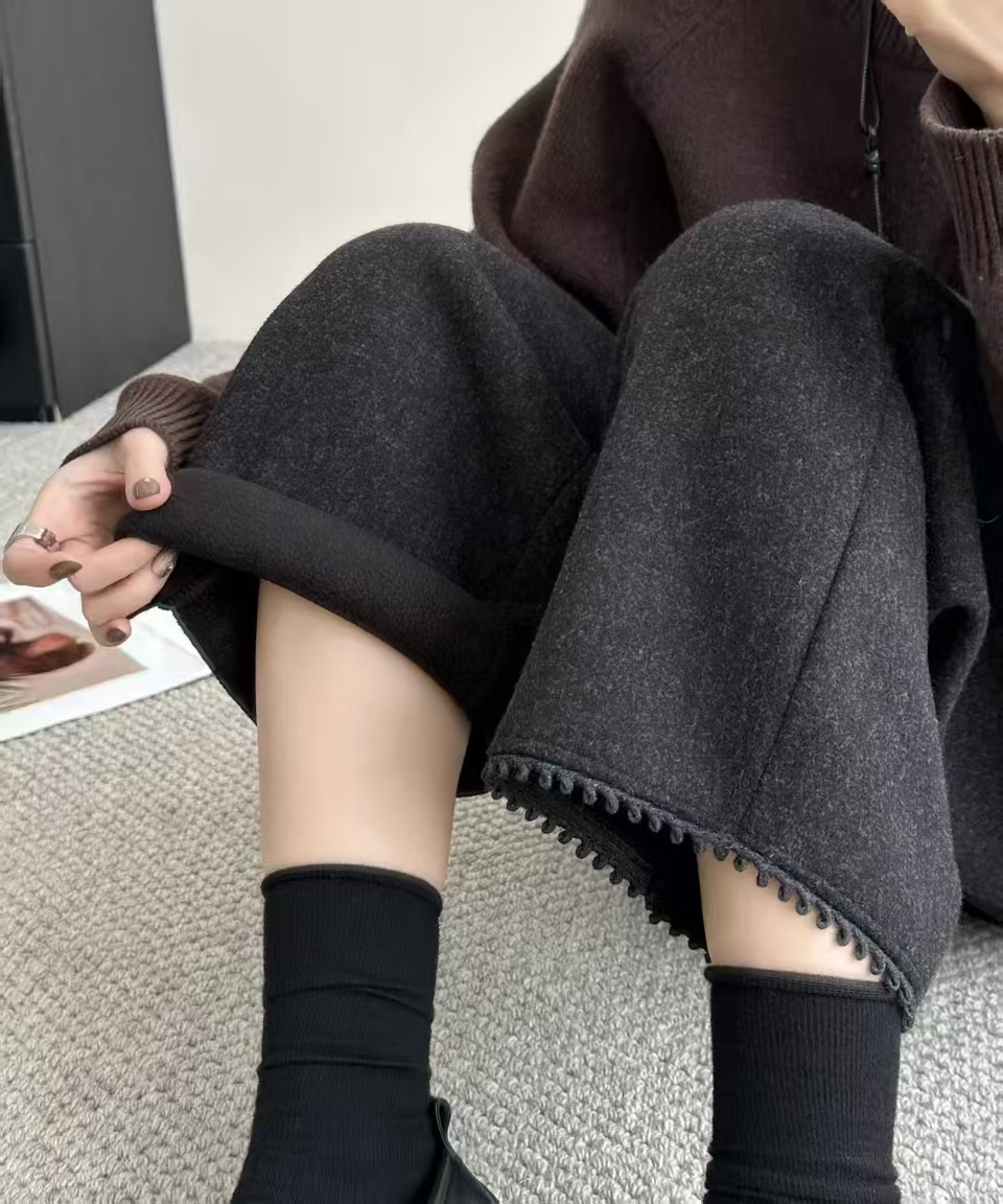 冬款高腰松紧老爹加绒休闲裤显瘦百搭宽松垂感遮肉花边毛呢长裤
