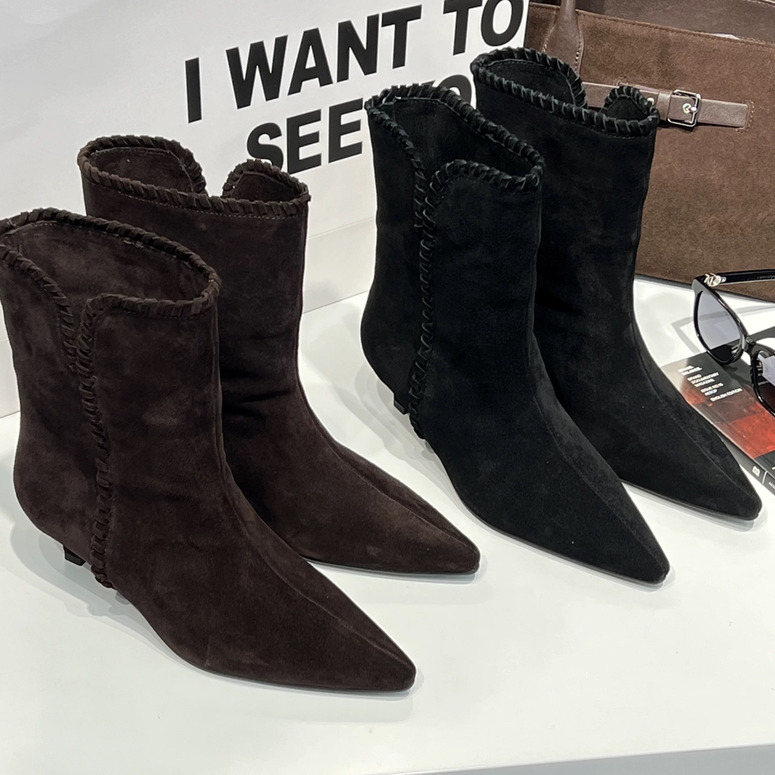 法式尖头细跟绒面百搭短靴显瘦气质通勤女靴111