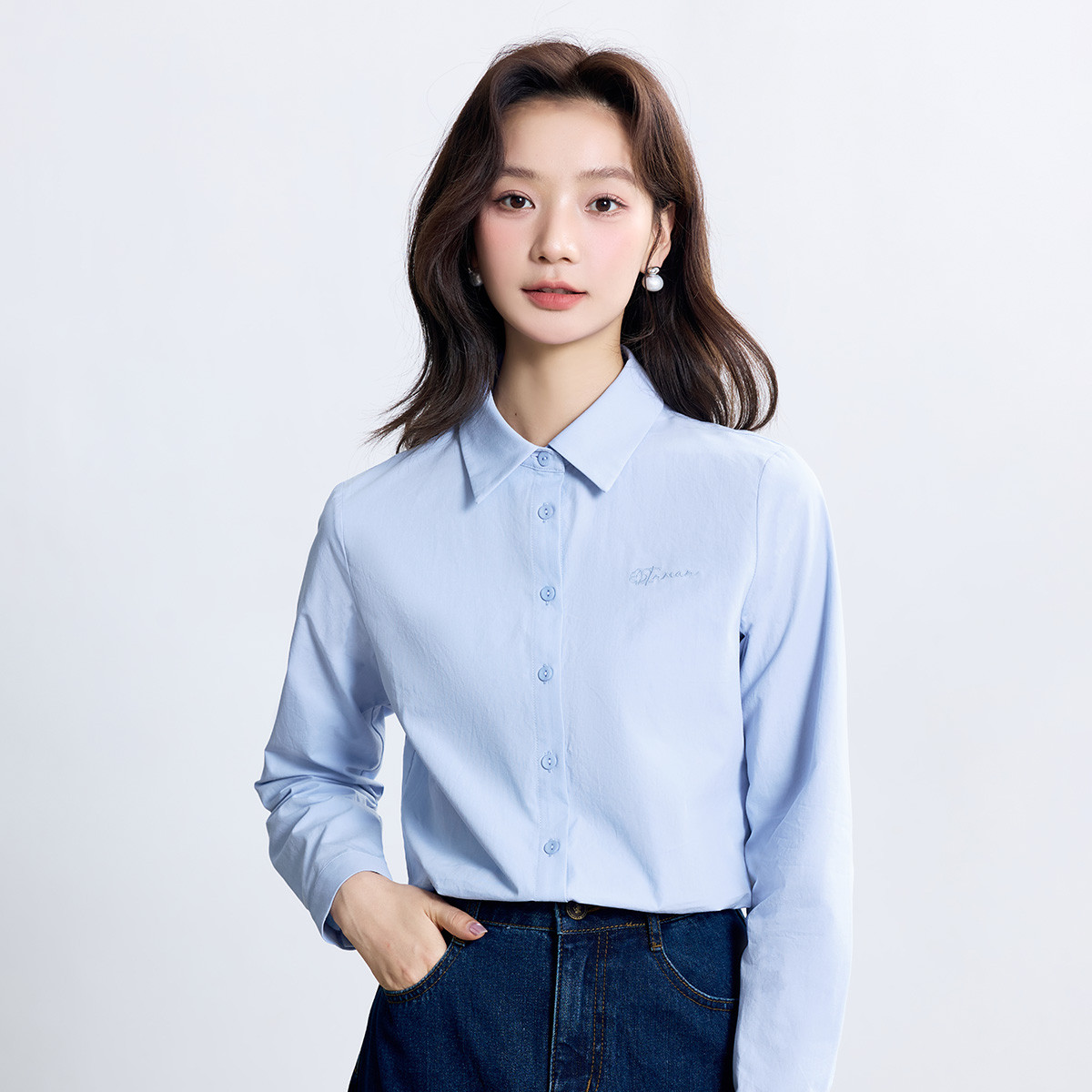 【8.8盛典】茵曼25秋季全棉通勤基础百搭衬衫职业舒适绣花长袖衬