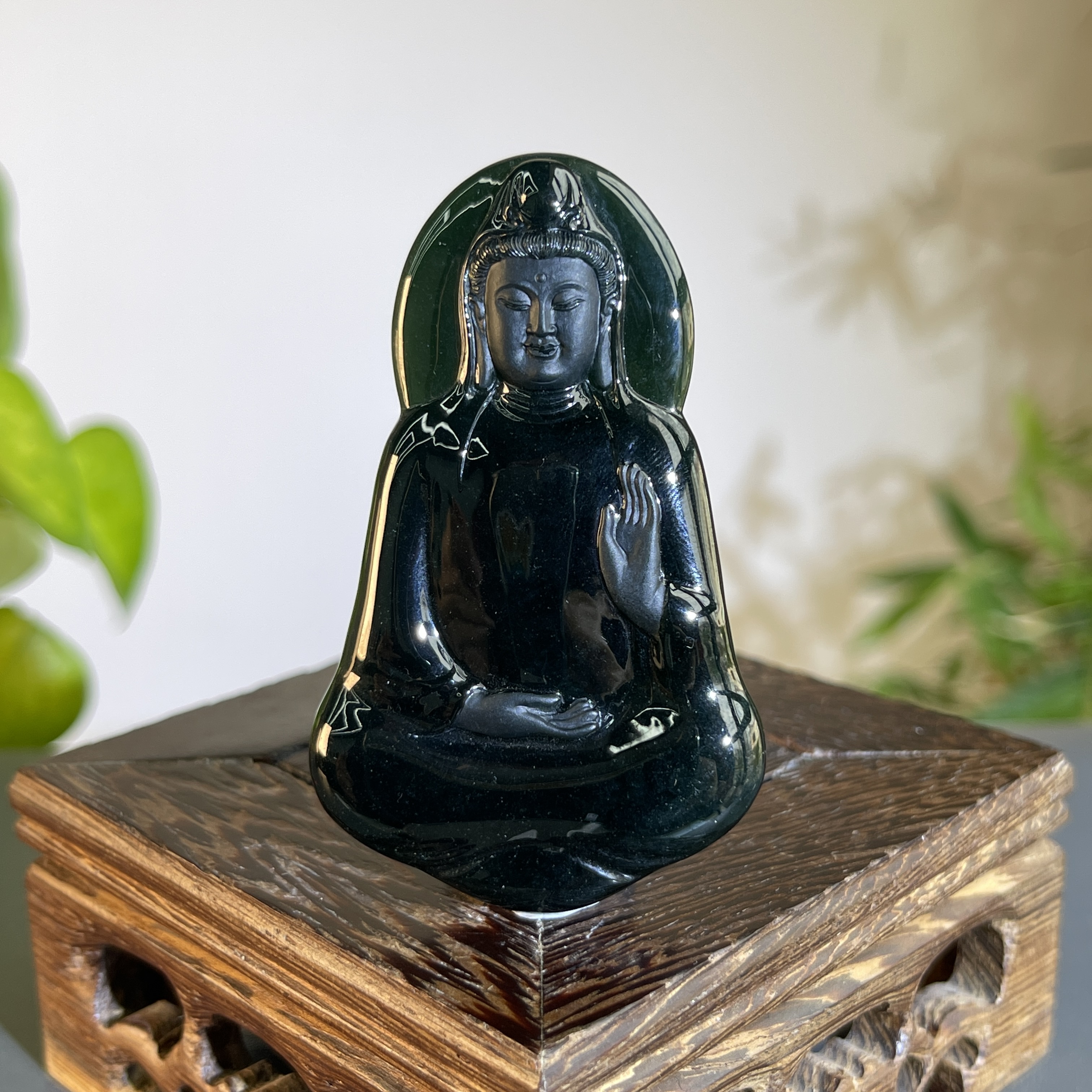 JXW14-214 黑色天然翡翠A货 黑-观音