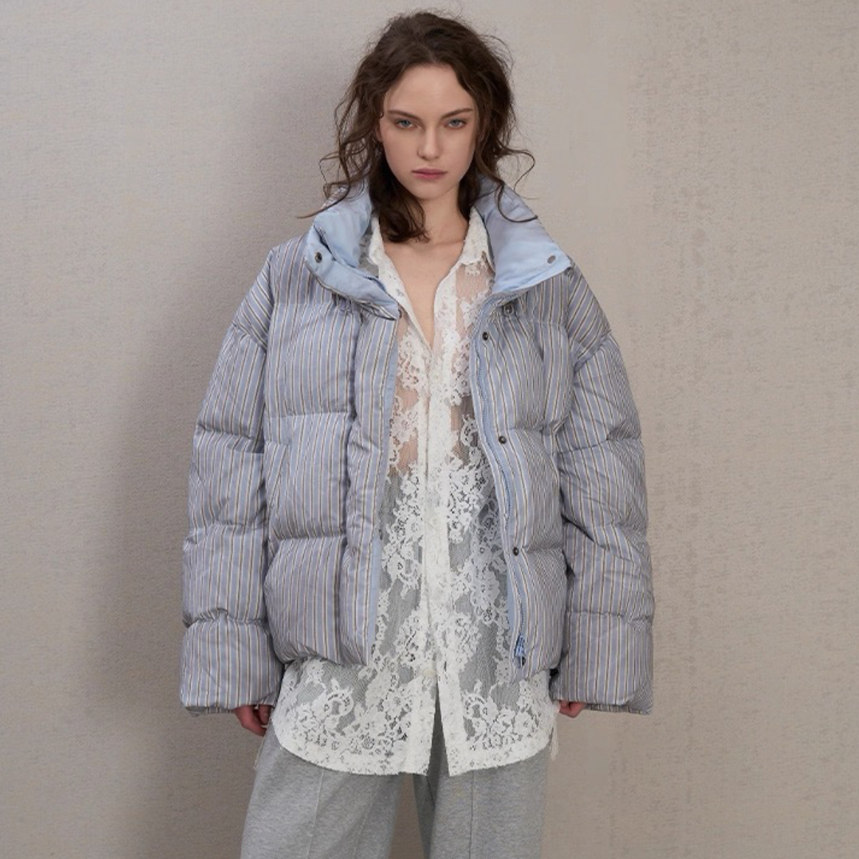 做旧舒适立领外套条纹喷脏皮标羽绒服SENSEAWEEK