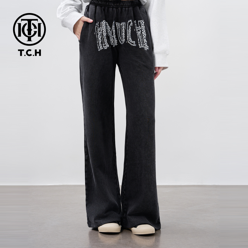 轻奢-TCH潮牌美贝珍珠钻水洗灰色运动休闲高腰阔腿裤T69A208016